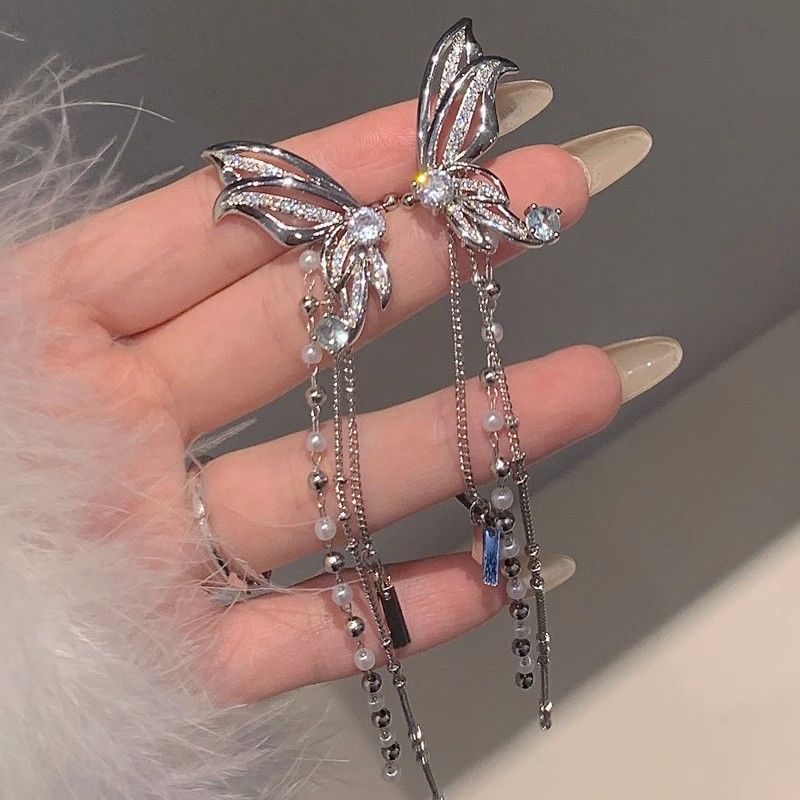 

Модные серьги-клипсы-бабочки из циркония для женщин, жемчужные кисточки, зажим для ушей