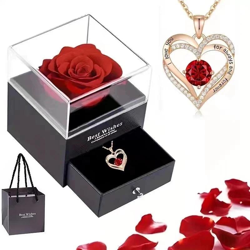 Luxury Red Zircon Pendant Necklaces With Rose Flower Gift Box For Girlfriend Women I Love You Gifts 2025 Trendy Wedding Jewelry
