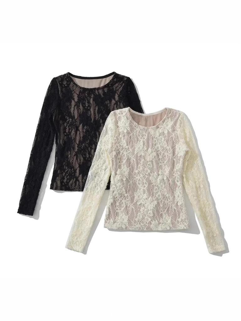 Stylish Double Layer Jacquard Mesh Top: Round Neck, Long Sleeve, Sexy Autumn Wear for Women