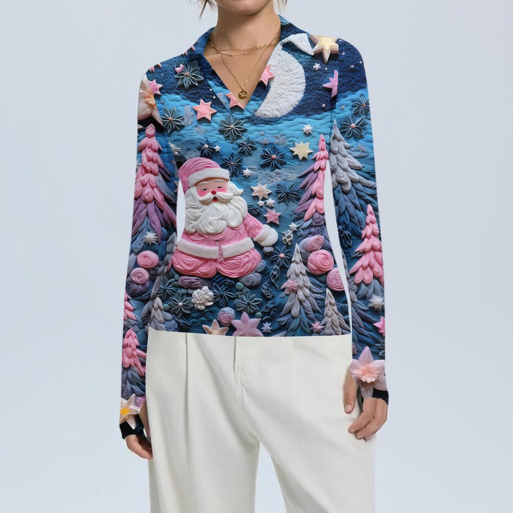 Damenmode Lässig Weihnachts-Print V-Ausschnitt Langarm Knopfleiste Oberteil