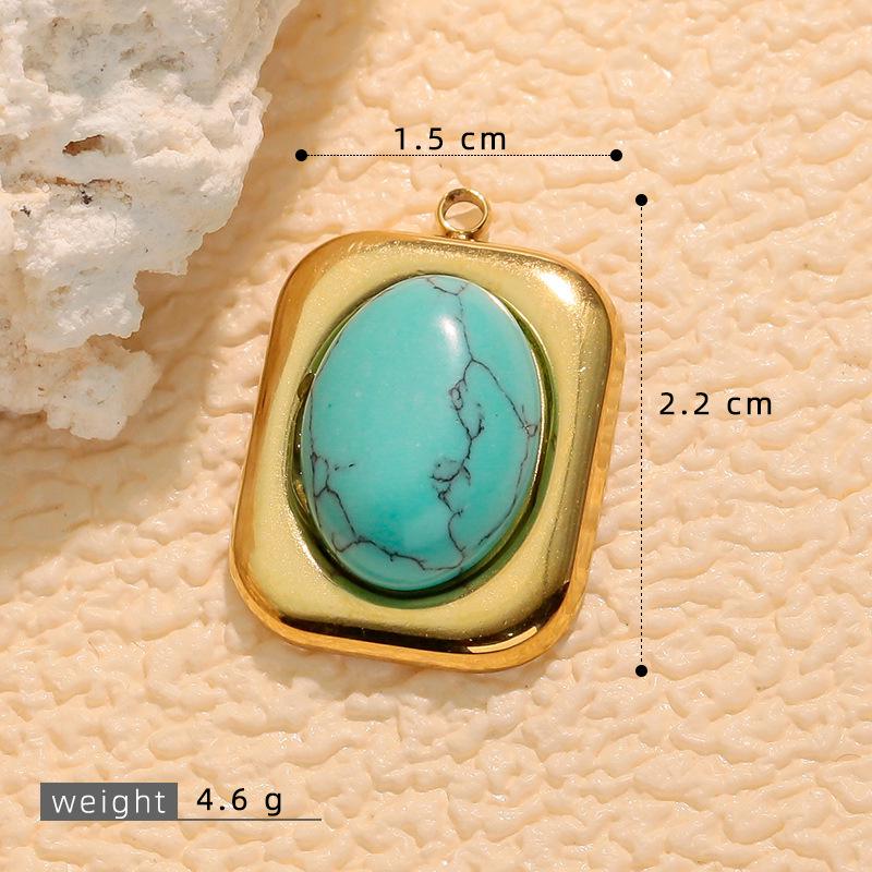 European Retro Turquoise Geometric Oval Pendant - Stainless & Titanium Steel Jewelry for Women