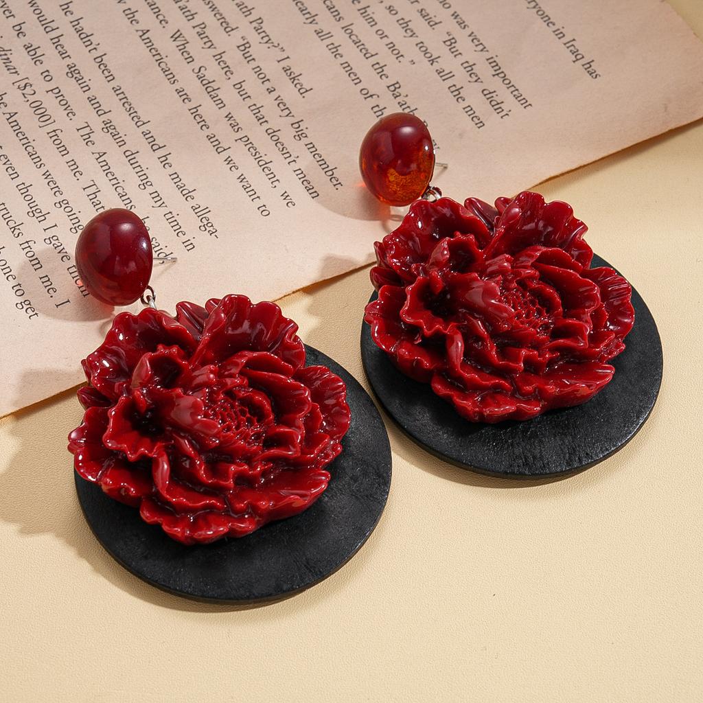 Wood Resin Flower Round Silver Needle Earrings Vintage Stud Earrings