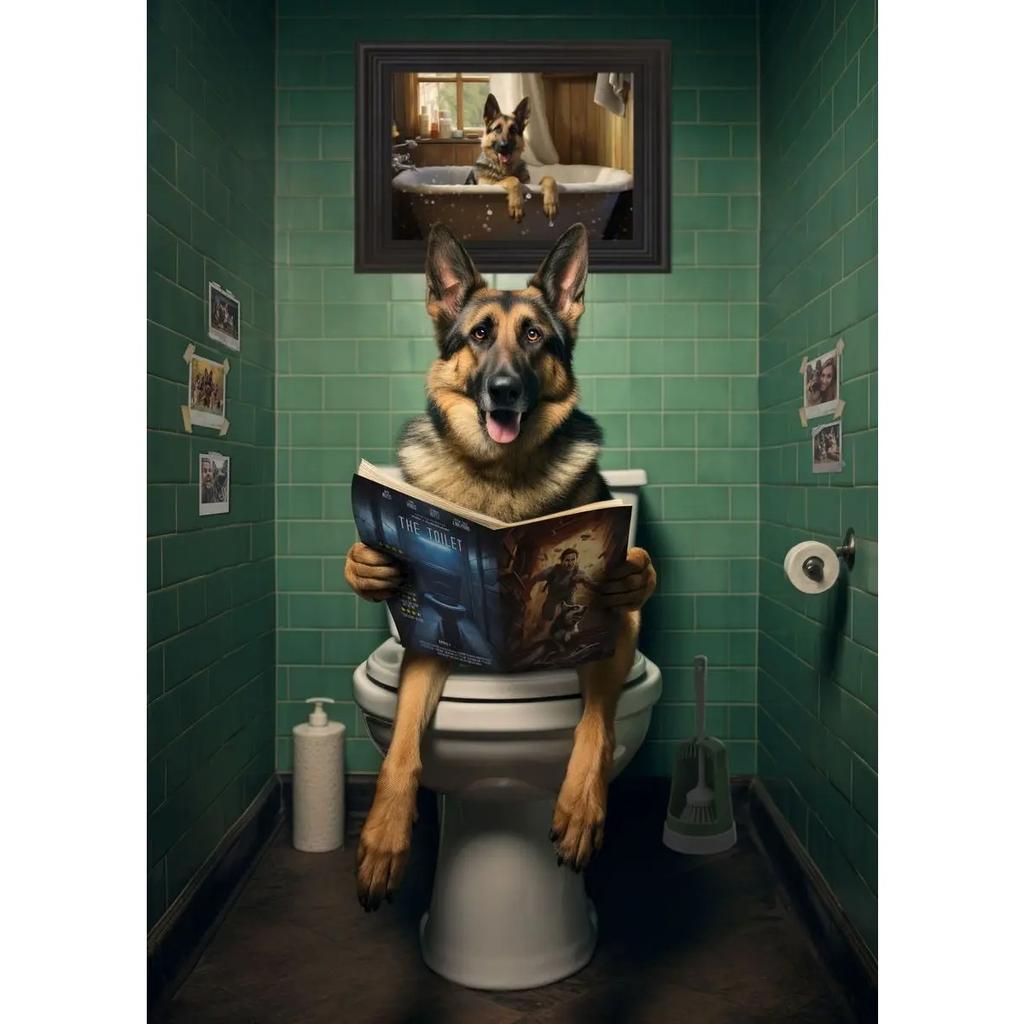 Dog Monkey Highland Cow Sitting on The Toilet Reading Newspaper Poster Animal Print Canvas Painting Funny Bathroom Wall Decor