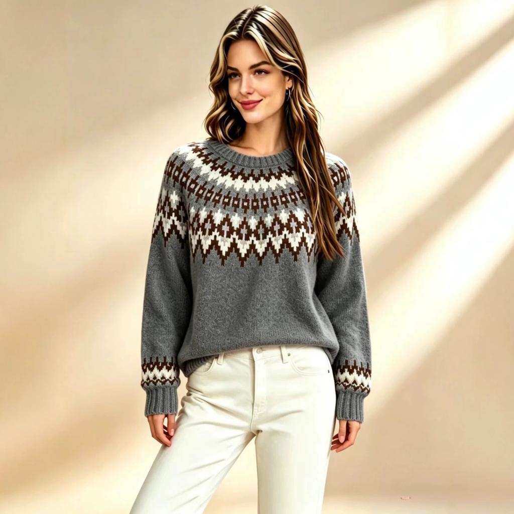 2026 Autumn and Winter Retro Fair Island Jacquard Crew Neck Sweater Women's Loose Lazy Soft Waxy Knitted Sweater Jumper