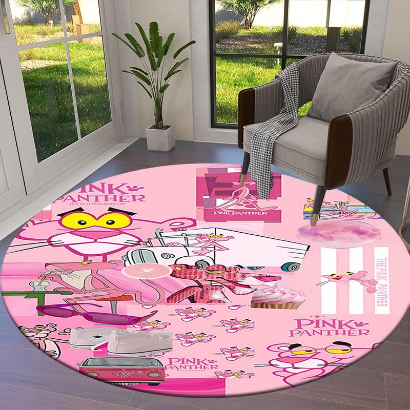 Pink Panther Round Area Rug,Carpet Rug for Living Room Bedroom Sofa Playroom Decor,Non-slip Floor Mat