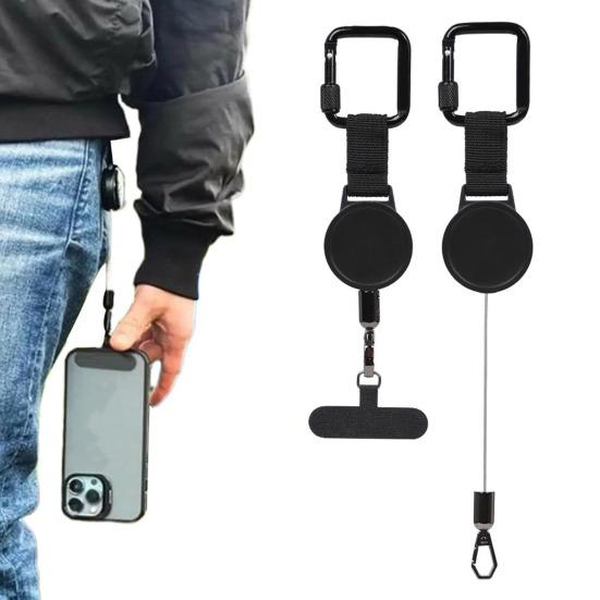 Zatahovací poutko na telefon s klipem na opasek 60cm ocelové lanko klip na telefon proti krádeži a pro hands-free použití univerzální venkovní dobrodružné příslušenství pro telefon