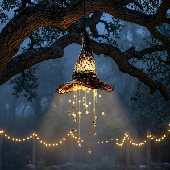 Mysterious Witch Hat Ornament Lighted Hanging Chime, LED Glowing Hollow with Halloween for Garden Star Tassels, Witches Hat, Porch Yard Window