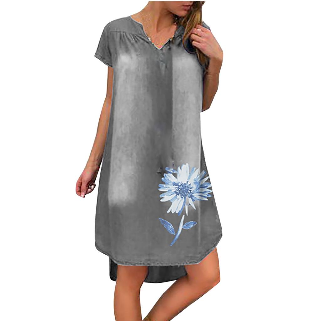 Fashion Women's Casual Printed V-Neck Short Sleeve Knee Length Denim Dress