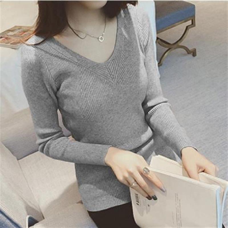 Autumn and Winter New Sweater Women's Slim and Thin V-neck Bottoming Shirt Core-spun Yarn Student Korean Version Pullover Knitted Sweater Women's