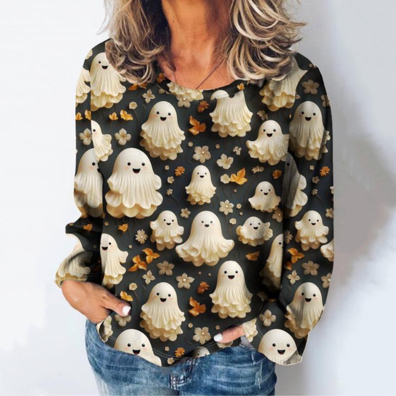 3d Printed Women's T-Shirt Christmas And Halloween Costume Round Neck Long Sleeved Spring/Autumn Casual Party Top Cute Cartoon