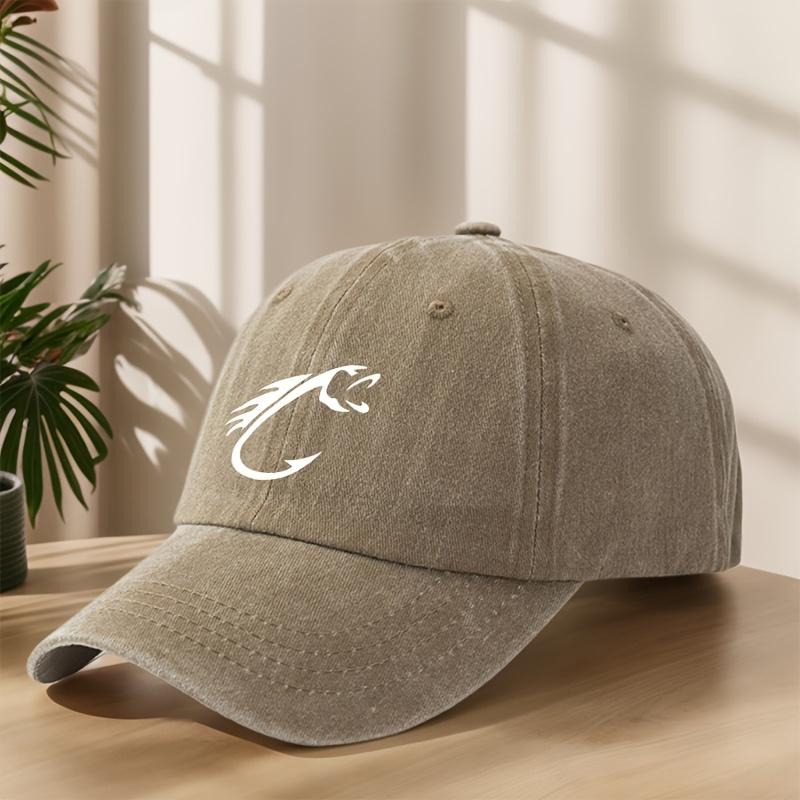 Fishhook Creative Design Pattern Printed Baseball Cap Fishing Hat Washed Retro Peaked Cap Sweat-absorbent and Breathable Hat