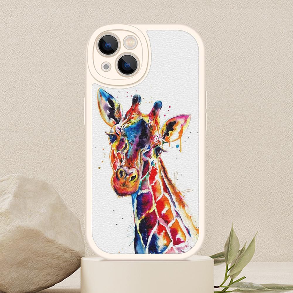 Watercolor Giraffe Painting Style Phone Case for Iphone 14 13 11 12 Pro MAX 13 MiNi 7 8 Plus X XS XR Lambskin Protective Covers