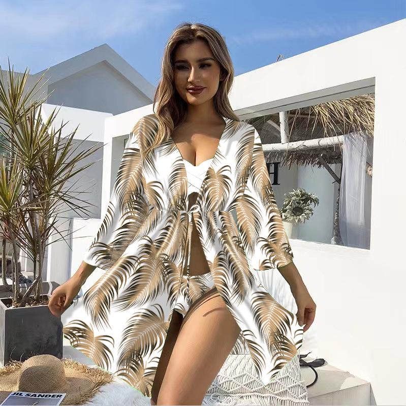2025 European & American Three-Piece Bikini with Long-Sleeve Sun Protection Cover-Up