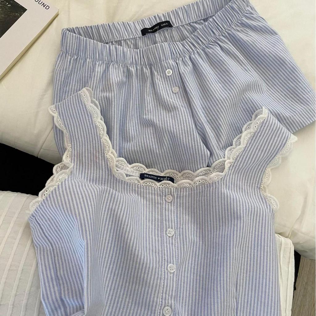 Women's Korean Striped Lace Patchwork Camisole and Shorts Set