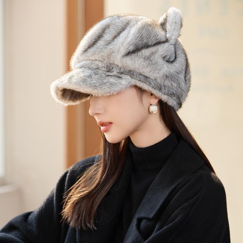 New Imitation Mink Hat Women's Winter Casual Octagonal Hat Thickened Visor Cat Ear Beret