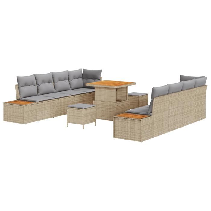 Ensemble de sofa de jardin 11 pièces avec coussins Beige Poly Rattan Acacia, Ensemble de salle à manger de jardin 3 pièces 3362887