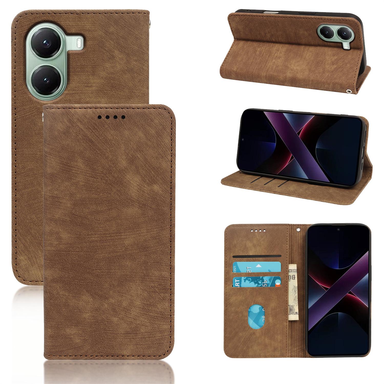 

For Xiaomi Redmi Turbo 4 5G/Poco X7 Pro 5G Case Strong Magnetic Leather Wallet Phone Cover with Striped Texture Brown