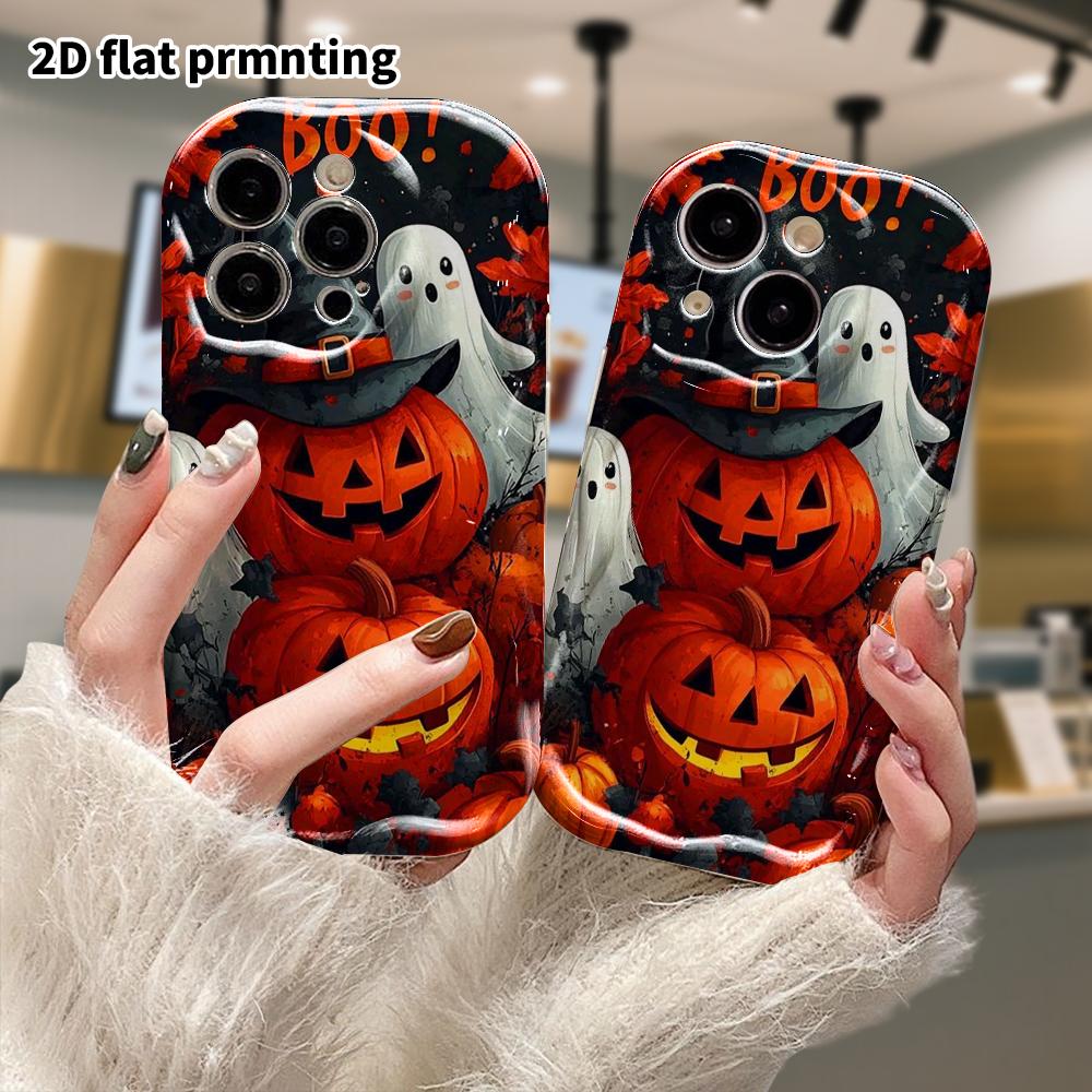 Phone Case: 2D Flat Design, Suitable for iPhone 18, 17, 16, 15, 14, 13, 12 Pro Protective Cases, Phone Decoration, Pumpkin and Two Ghosts, Halloween a