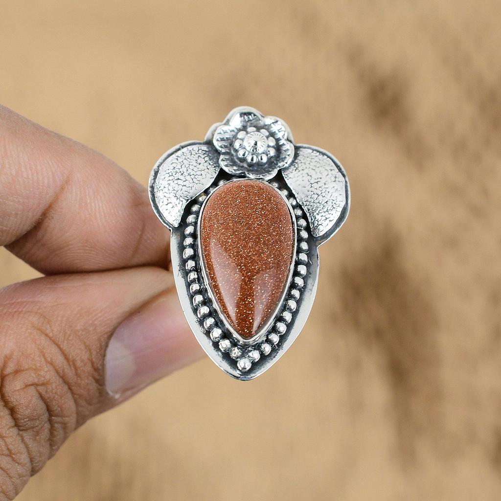 Gift For Her Natural Sunstone Multi Stone Flower Adjustable Ring 925 Silver
