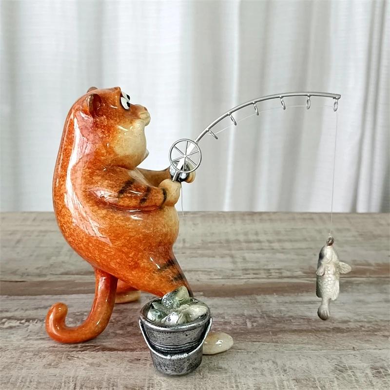 Cute Fishing Cat Miniature Fish Catching Figurine Relaxation Sports Ornament Cartoon Kitty Character Decor Entertainment Craft