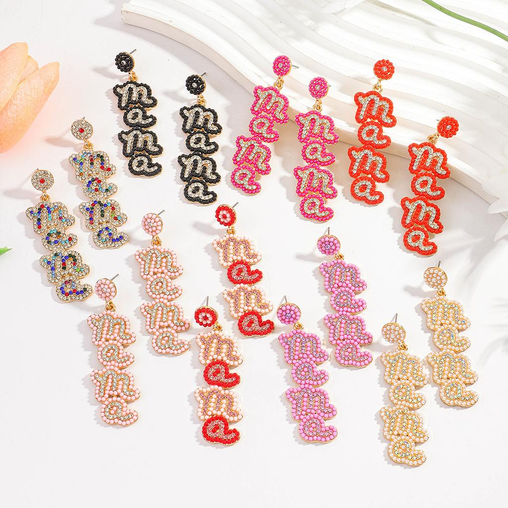 MAMA Letter Diamond Earrings Fashion Creative Festival Rice Bead Earrings Daily Versatile Earrings Women