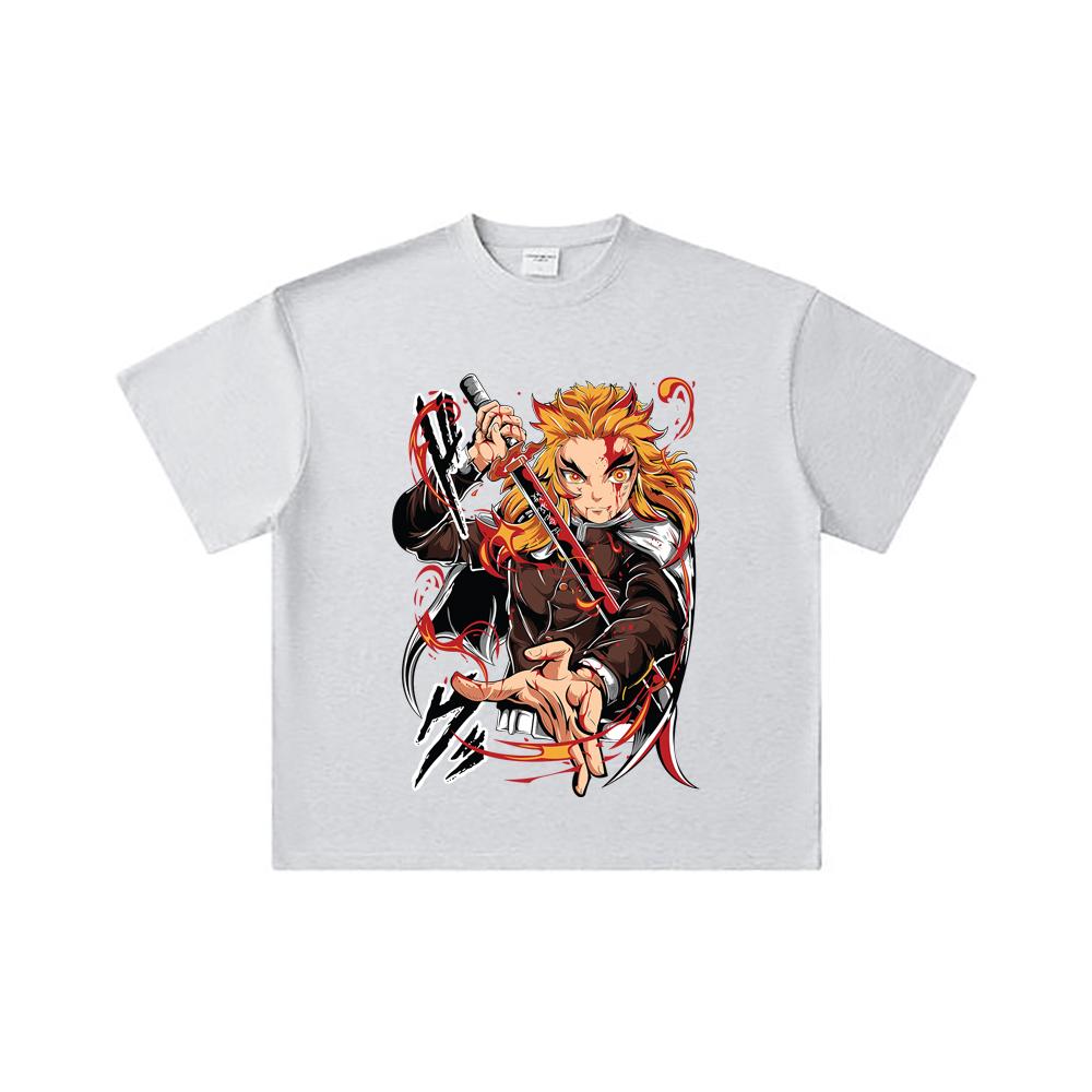 260 GSM Double Yarn 32 Count 100% Cotton Demon Slayer V85 Rengoku Print Unisex Heavy Cotton T Shirt