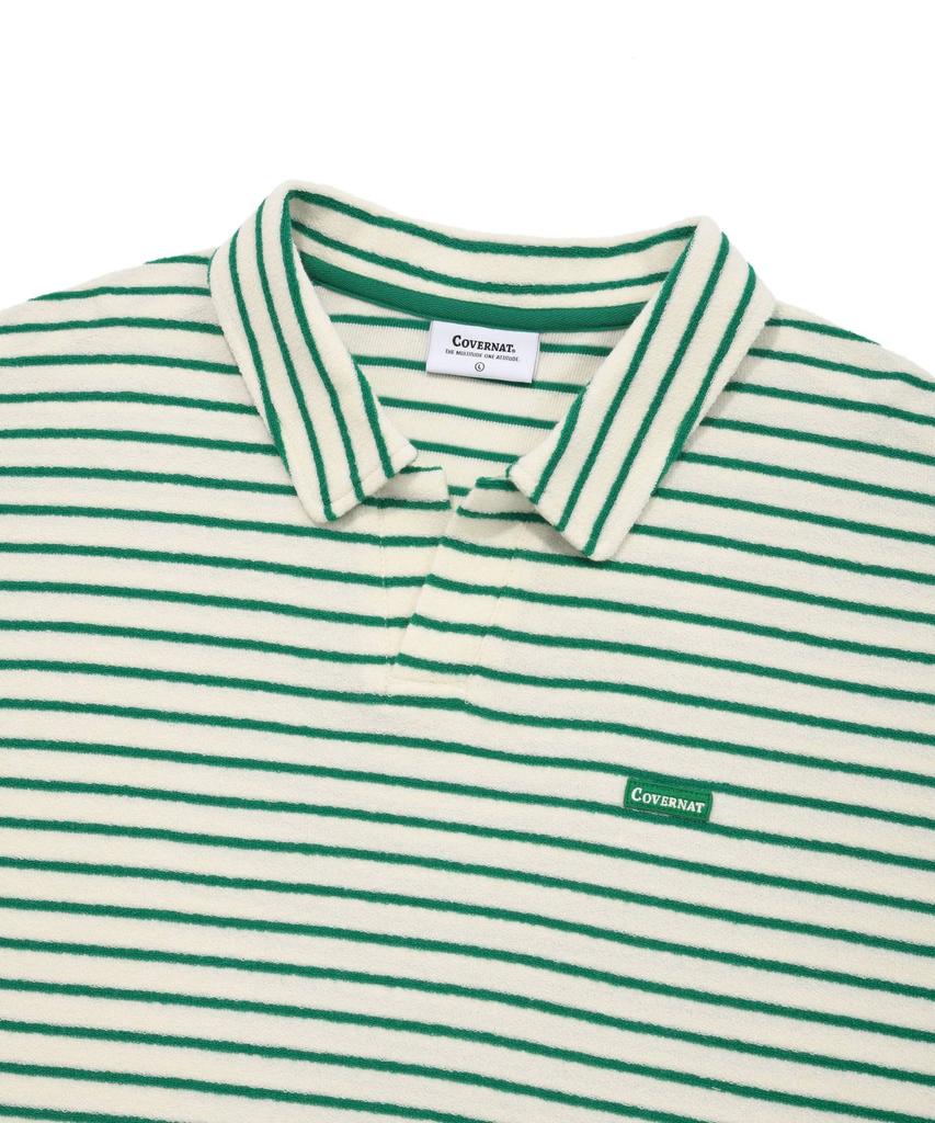 COVERNAT Terry Stripe Open Collar T-Shirt Green