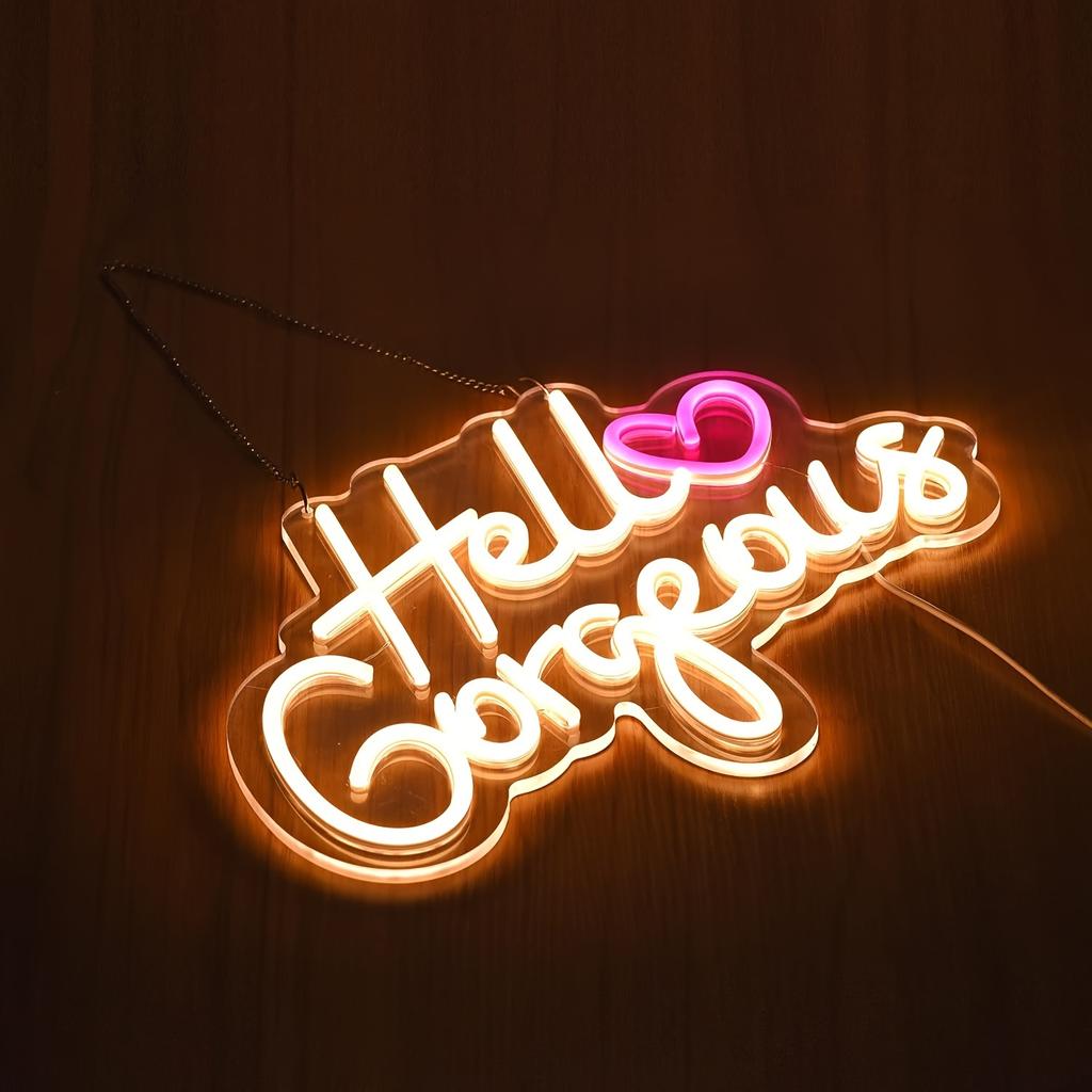 Hello Gorgeous Neon Sign Pink Led Neon Light Letters Heart Decorative Wall Lights for Girls Room Wedding Anniversary Engagement