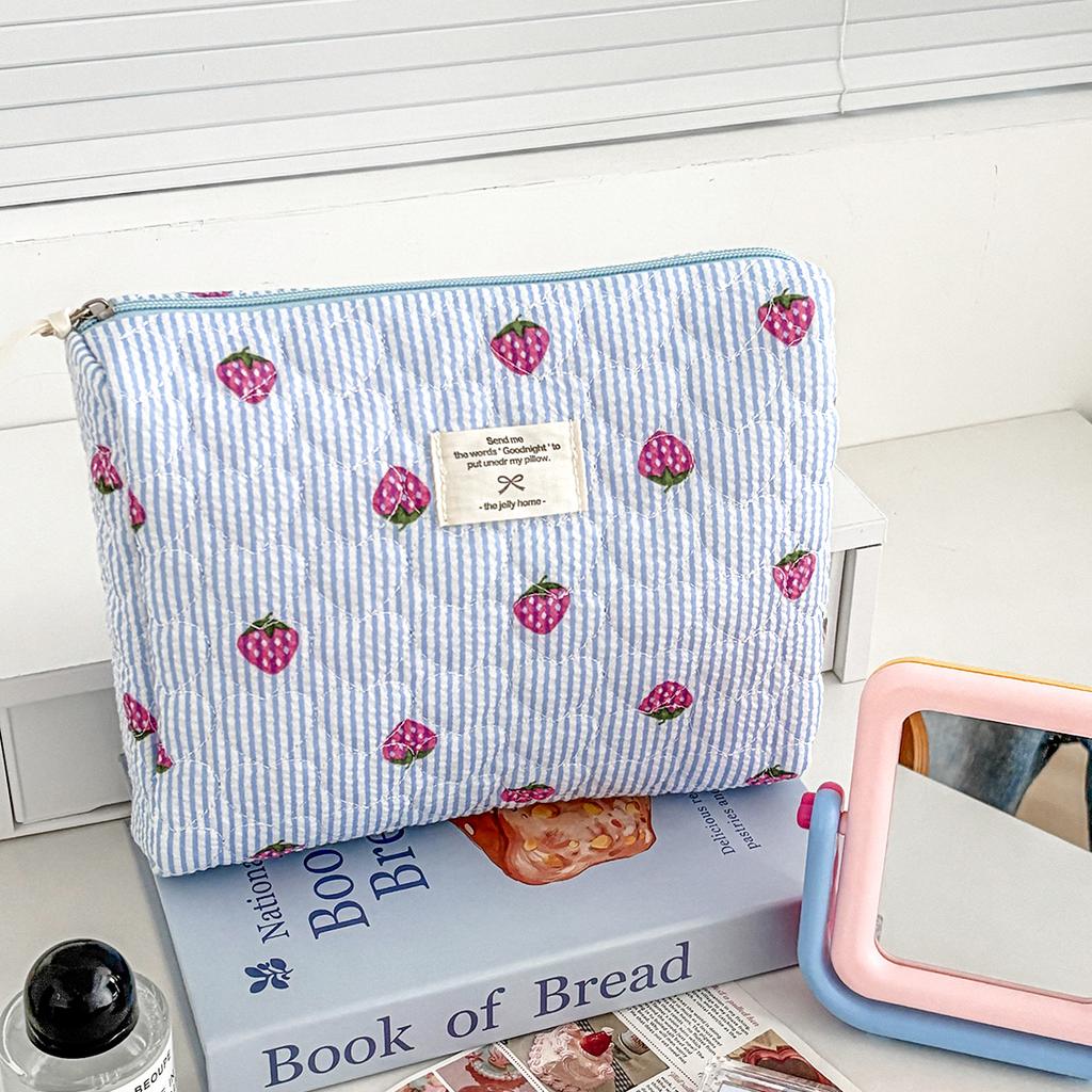 Modische Damen Cartoon Schleife Erdbeerprint Clutch Tasche Tragbar Stepp Handtasche Große Kapazität Party Reißverschluss Damen Taschen Beutel