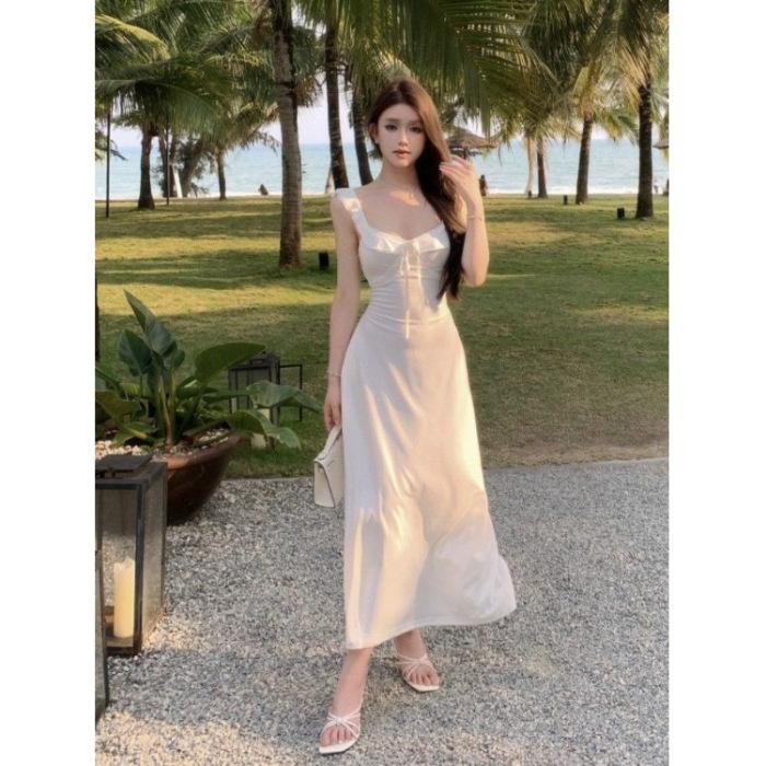 Gentle Wind Sweet Temperament Suspender Burgundy Dress Women's Spring and Autumn New Simple and Thin Beautiful Medium and Long Skirt