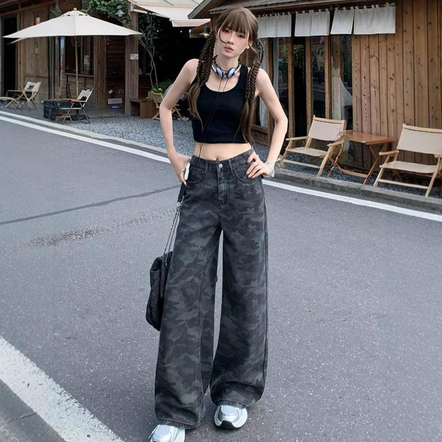 Vintage High Street Camouflage Work Jeans Wide-legged Jeans Female High-waisted Loose Skinny Straight Trousers Jeans for Women Long Denim Pants