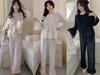 Golden Velvet Lace Trim Pajama Set for Women - Long-Sleeved & Pants, Autumn/Winter Court Style, Luxuriously Comfortable Homewear.