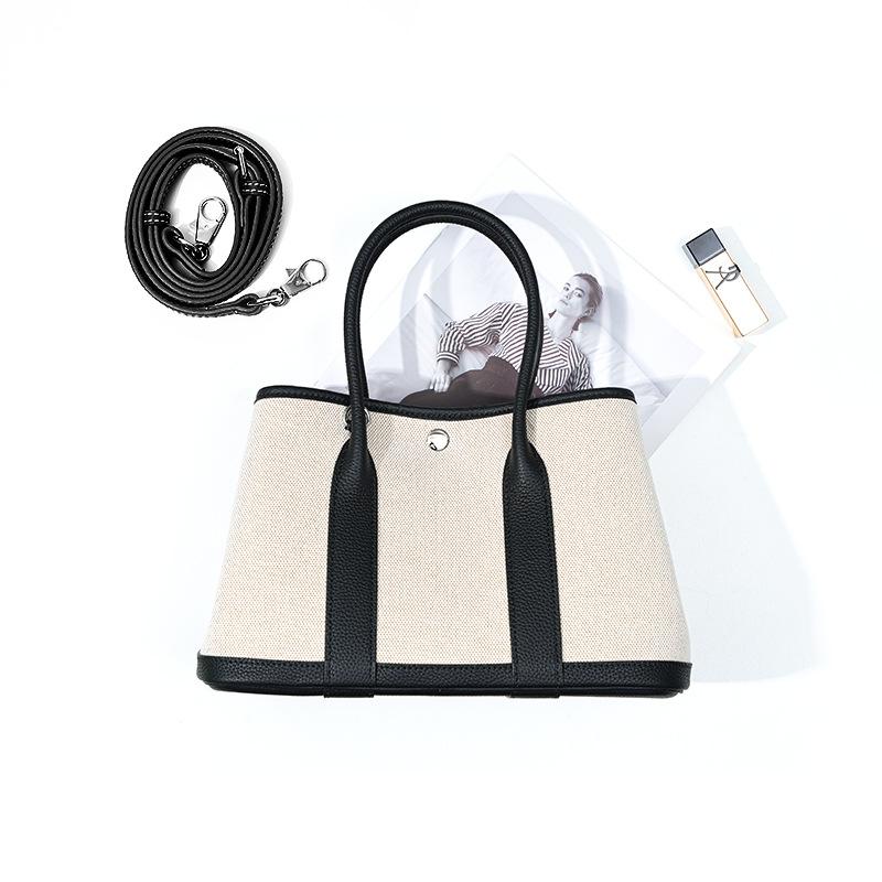 Niche high-end women's leather handbag, first-layer cowhide large-capacity canvas contrasting color garden tote bag