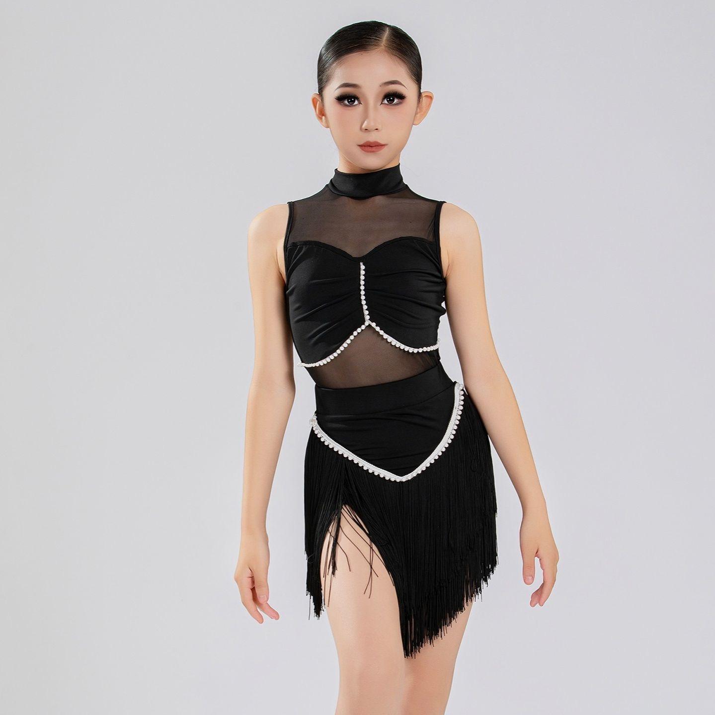 

latin performance accessories black dress Dance wear latin suit fringe skirt line dance costume new products stage costume 120 чёрный