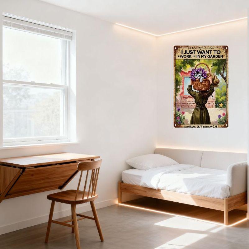 Vintage Whimsical Metal Sign Woman with Cat In Garden 'I JUST WANT TO WORK IN MY GARDEN' and 'AND HANG OUT WITH MY CAT' for Home