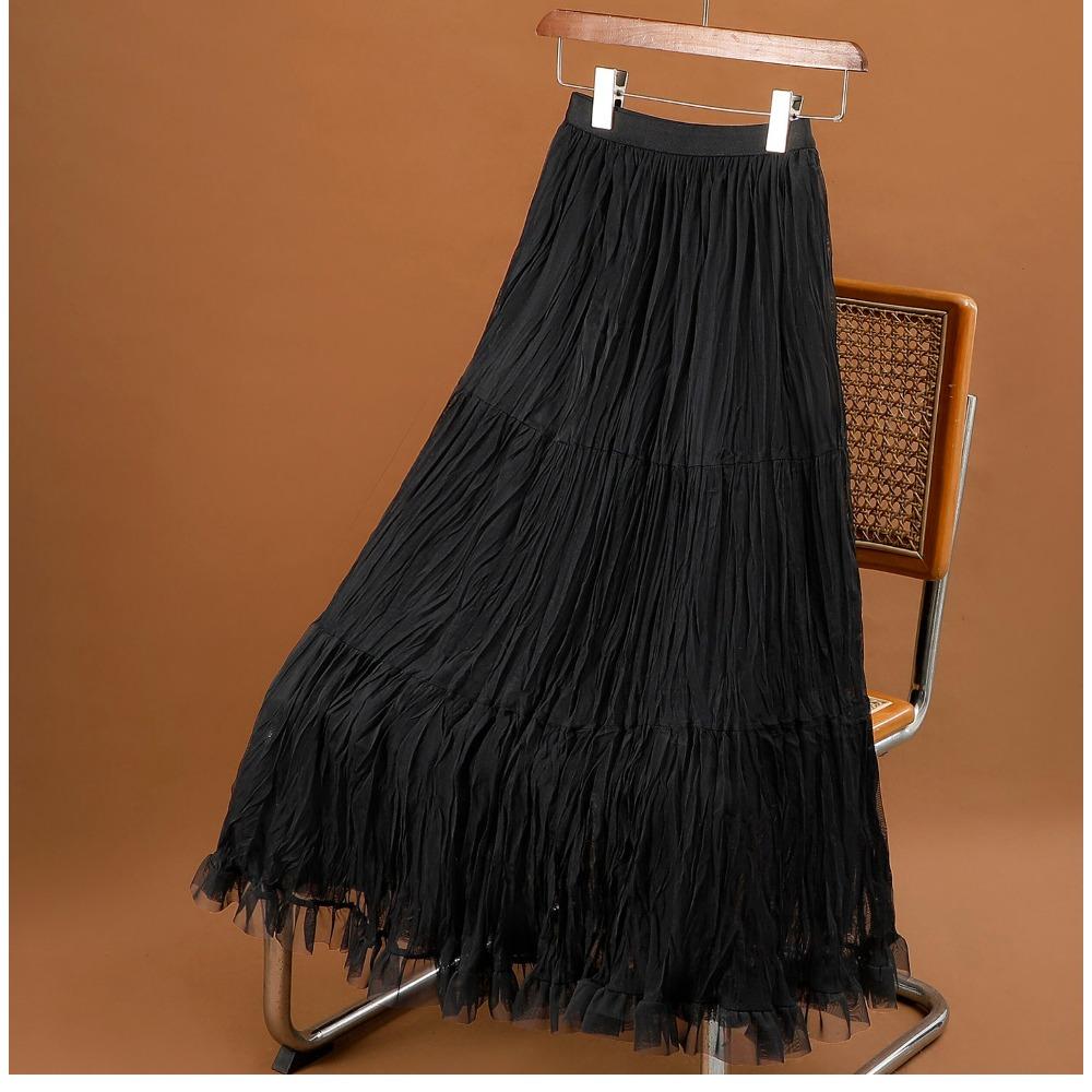 DIMANAF 2026 Summer Women New Skirts Solid Elastic Waist Pleated Mesh Elegant Skirts Yellow