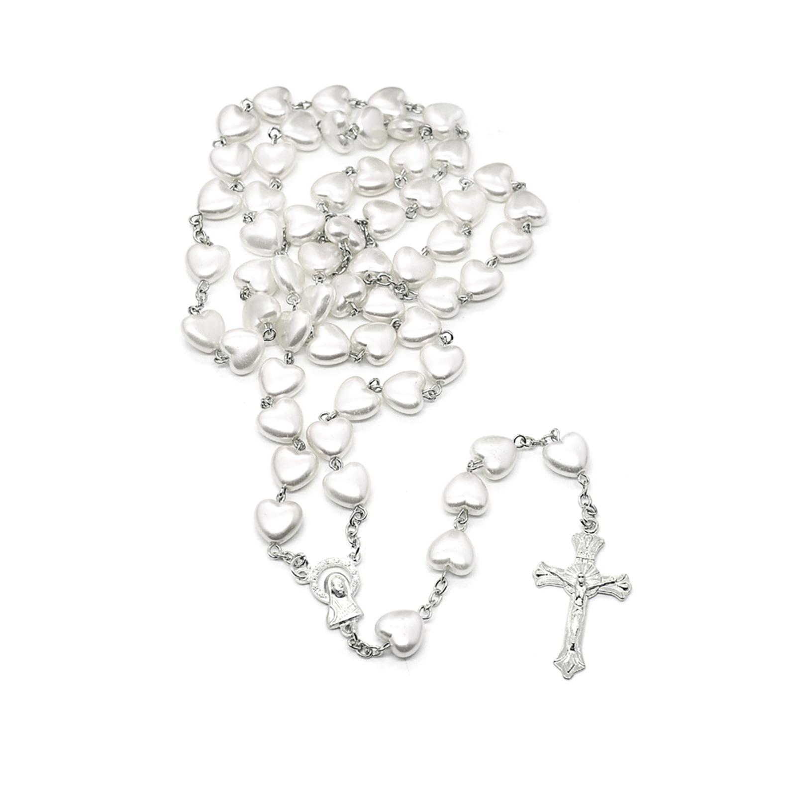 Blessing Rosary Prayer Necklace Porcelain Heart-shaped Beads Necklace Crossed Pendant Clavicle Chain Accessory 1