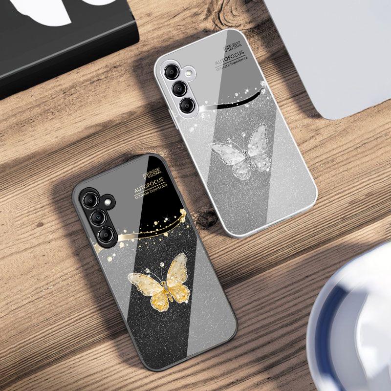 Gradient Diamond Butterfly For Samsung Galaxy A14 4G 20 30 52 20S 21S 22 32 33 34 42 50 51 53 54 70 71 72 73 5G Glass Phone Case