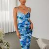 Mesh dress, European and American sexy printing pleated backless V-neck casual beach style suspender skirt