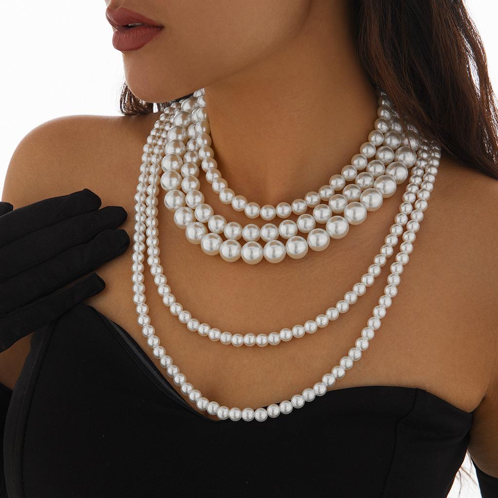 Vintage Imitation Pearl Beaded Multi-Layer Necklace Choker Exaggerated Ccb Big Bead Long Necklace Women