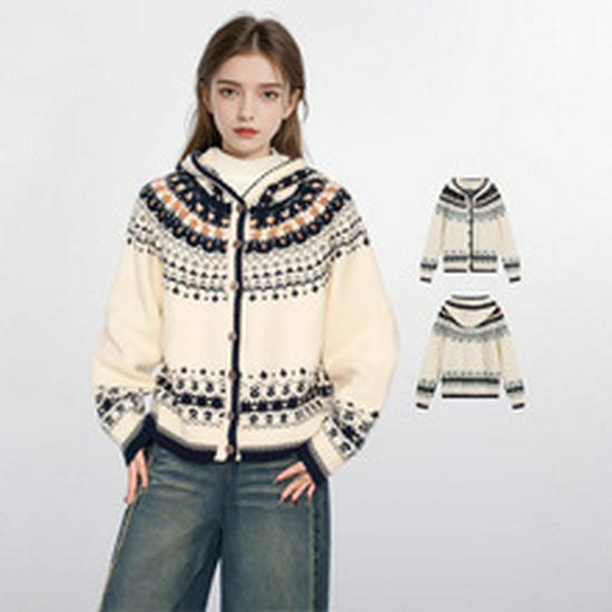 2025 Dámský útulný podzimní pruhovaný pletený kardigan - Petite, Dlouhý rukáv, Kulatý výstřih