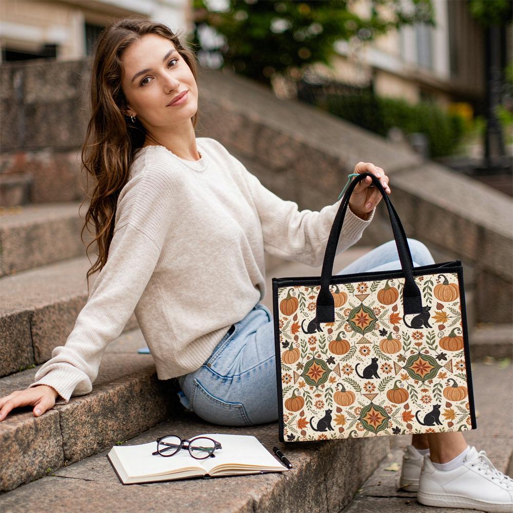 Autumn Cat Pumpkin Print Tote Bag Casual Large Capacity Handbag for Daily Use