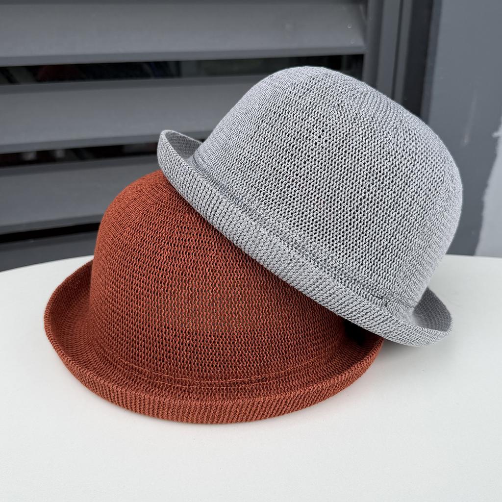 Curled knitted bucket hat women's spring summer breathable sunshade basin hat travel versatile cotton and linen top hat