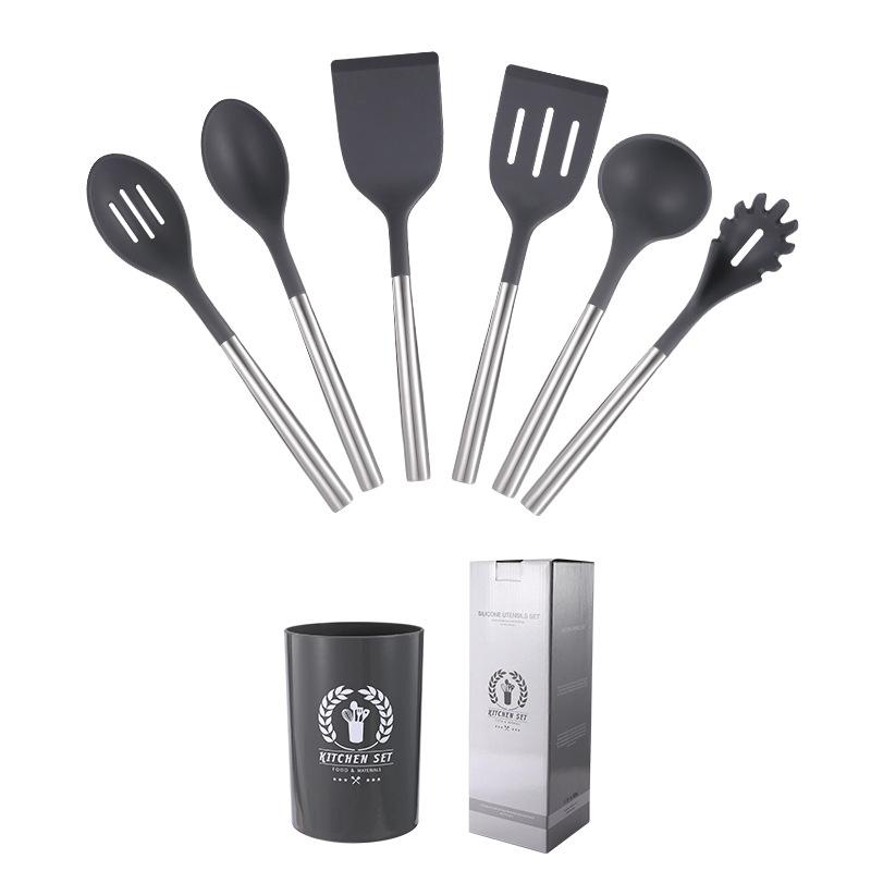 6Pcs Kitchen Cookware Silicone Kitchenware Non-stick Cooking Tools with Holder Spatula Spoon Ladle Egg Beaters Shovel Utensils Set