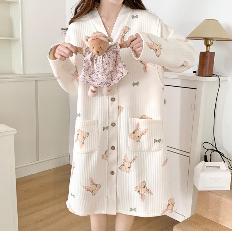 New Style Air Cotton Maternity Nursing Nightdress – Long Sleeve, Suitable for Autumn/Winter, Perfect for Postpartum/Breastfeeding