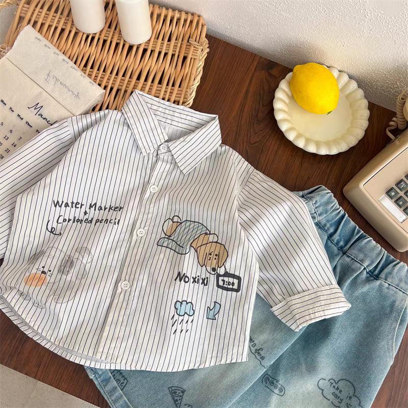Spring Kids Cartoon Collar Long Sleeve Shirt Striped Button Down Top For Boys Girls Toddler Casual Blouse
