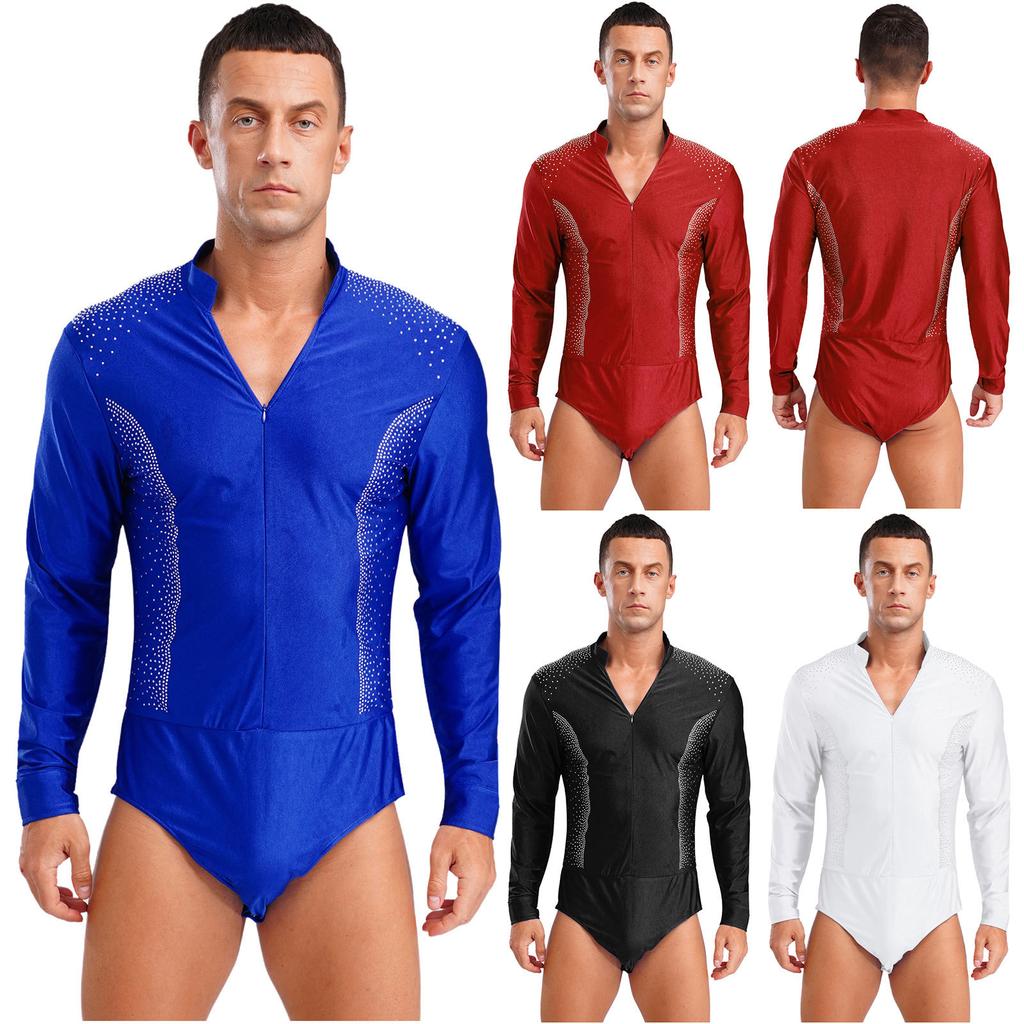 Mens Figure Skating Latin Dance Bodysuit V Neck Long Sleeve Sparkling Rhinestones Stage Performance Leotard