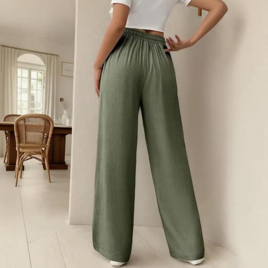 Women Pants Loose Fit Elastic Waist Straight Wide Leg Casual Pants with Pockets Pure Color Work Travel Trousers Daily Wear