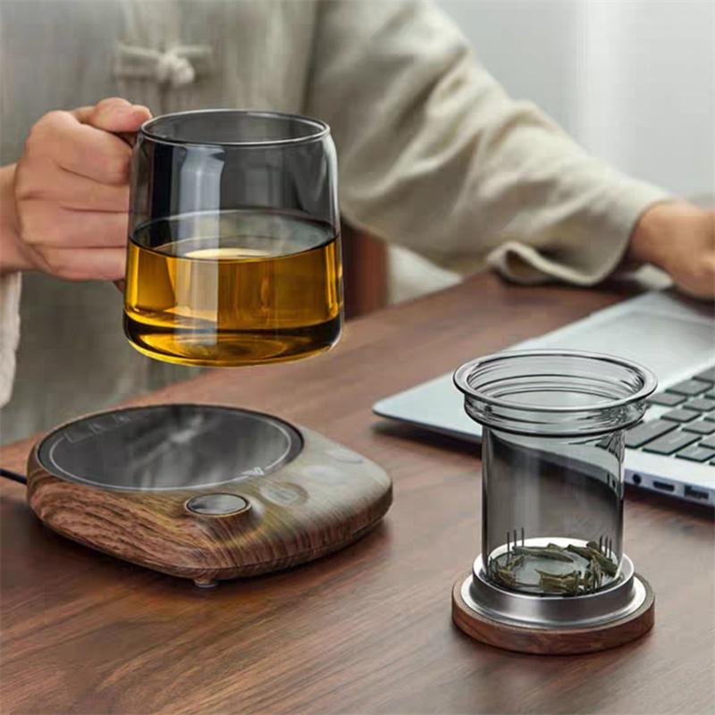 Tea Water Separation Glass Tea Cup With Walnut Wooden Handle Chinese Heat Resistant Puer Filter Cups Kung Fu Tea Cup Set