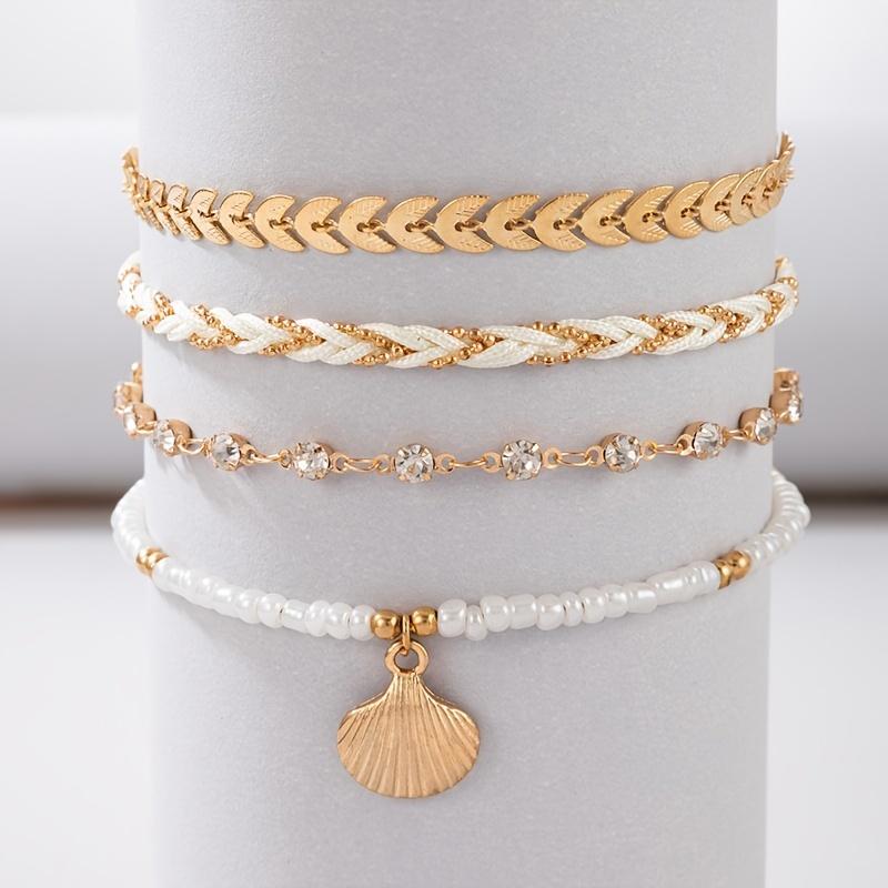 4 Pcs Personality Anklet Inlaid Shiny Rhinestones Four Layers Ankle Bracelet Summer Beach Style Foot Jewelry